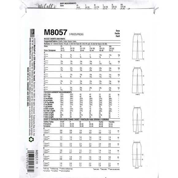 McCall's M8057 Misses XS to M Shorts, Capri and Pants Sewing Pattern Uncut - Picture 2 of 2